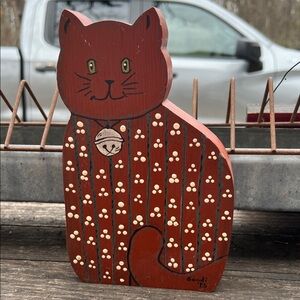 Handcrafted Wooden Cat Decor - Red and Brown